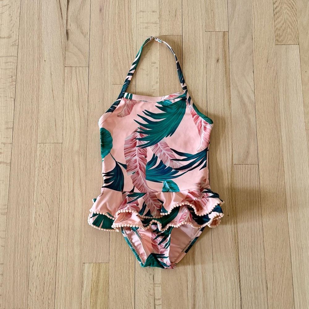 Envya Girls Tropical Escape Palm Print Ruffle Swimsuit, Size 6